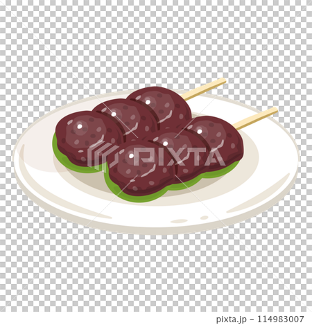 皿に盛られたよもぎあん団子 114983007