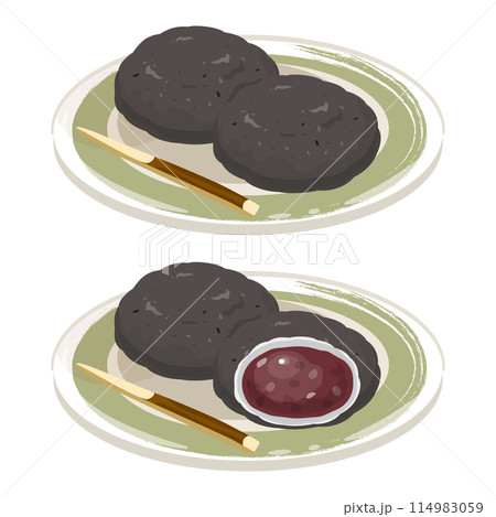 皿に盛られた黒胡麻おはぎ 114983059