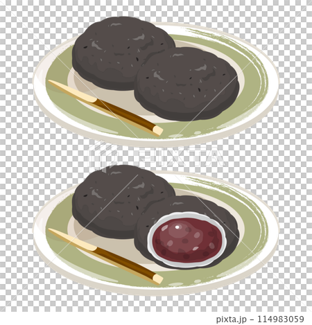 皿に盛られた黒胡麻おはぎ 114983059