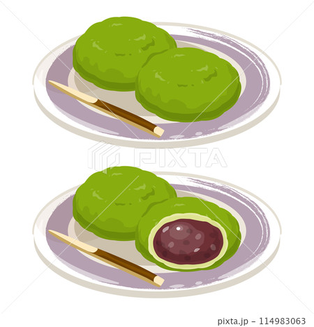 皿に盛られた抹茶おはぎ 114983063