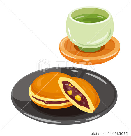 お茶と皿に盛られた栗どら焼き お茶と皿に盛られた栗どら焼き 114983075