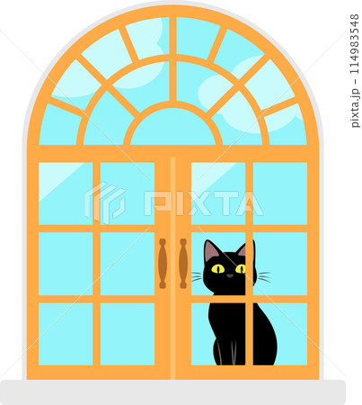 黒猫が座っている木枠の窓辺 114983548
