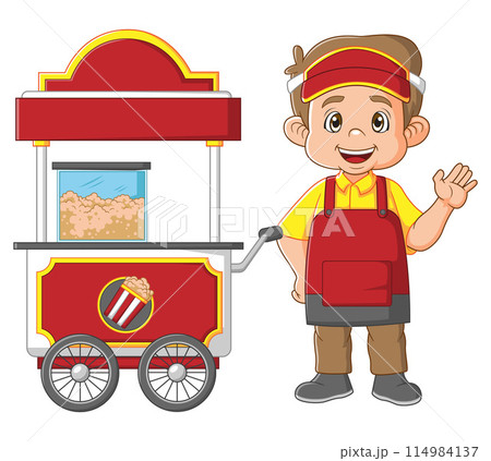 Young caucasian seller standing with pop corn cart of illustration 114984137