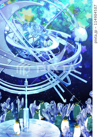 氷の天球儀の下に集まるペンギンたち 114984587