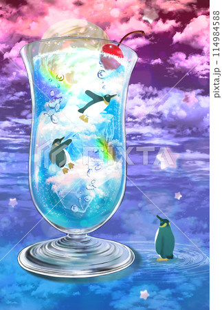 幻想的な湖とクリームソーダの空を飛ぶペンギンたち 幻想的な湖とクリームソーダの空を飛ぶペンギンたち 114984588