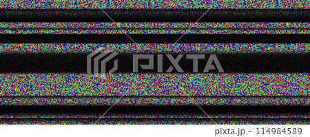 TV static noise background. Glitched white noise texture. Colored VHS video signal with black stripes, interferences or glitches. Pixelated television screen backdrop grain for poster, banner. Vector 114984589
