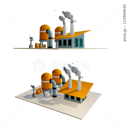 Factory low poly pixel building with huge pipes and pollution factory smoke gas., Concept of industrial working plant with chimney pipe tower., 3D Render concept factory., Air pollution Factory low poly pixel building with huge pipes and pollution factory smoke gas., Concept of industrial working plant with chimney pipe tower., 3D Render concept factory., Air pollution 114984640