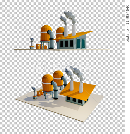 Factory low poly pixel building with huge pipes and pollution factory smoke gas., Concept of industrial working plant with chimney pipe tower., 3D Render concept factory., Air pollution Factory low poly pixel building with huge pipes and pollution factory smoke gas., Concept of industrial working plant with chimney pipe tower., 3D Render concept factory., Air pollution 114984640