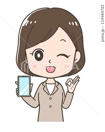 スマホの画面を見せながらOKポーズをするビジネスウーマンの上半身イラスト 114984782