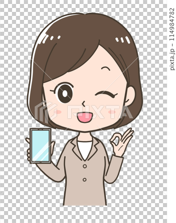 スマホの画面を見せながらOKポーズをするビジネスウーマンの上半身イラスト 114984782