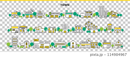 車站、便利商店、藥局、高層公寓等城市景觀的圖示和插圖。 114984967
