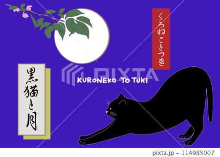 黒ねこと月のイラスト。文字は「黒猫と月」を表す日本の漢字とひらがなとローマ字表記。 114985007