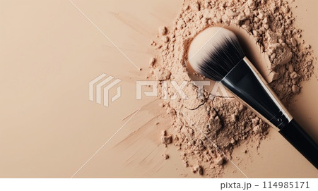 Makeup brush with crushed eyeshadow on beige background 114985171