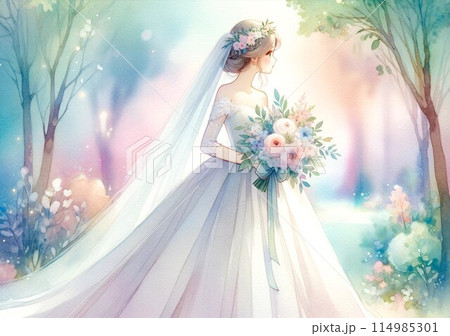 森を背景に佇む新婦の水彩イラストのイラスト素材 [114985301] - PIXTA
