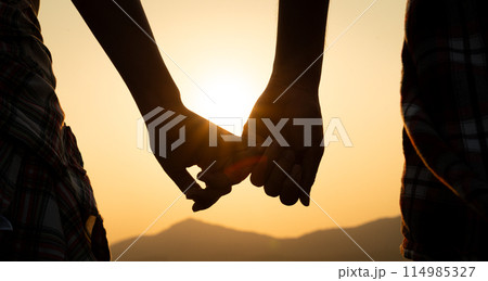 Friendship, Love and Valentine day concept. A couple holding hand during sunset, a symbol of love and happy relationship. 114985327