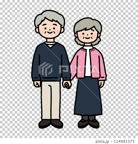 手を繋いでいる男性と女性・シニア夫婦 114985375