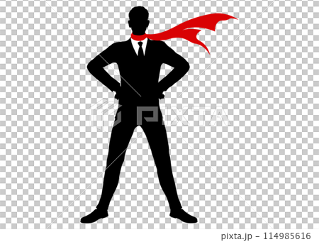 Silhouette of a businessman in a hero pose with his hands on his hips and a red scarf on. Full body illustration 114985616