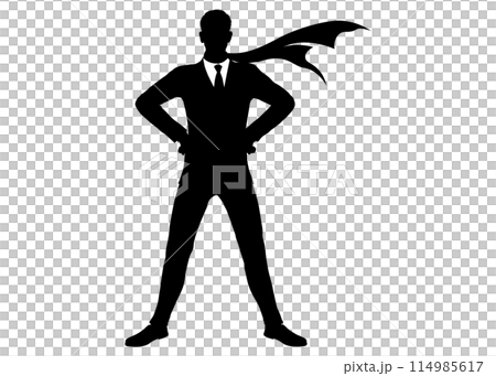Silhouette of a businessman in a hero pose wearing a suit and tie Full body front view illustration 114985617