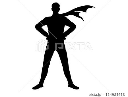 腰に手をあてマフラーを着けたヒーローポーズの男性 モノクロシルエット 全身正面のイラスト 腰に手をあてマフラーを着けたヒーローポーズの男性 モノクロシルエット 全身正面のイラスト 114985618