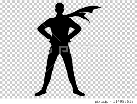 A man in a hero pose with his hands on his hips and a scarf on, monochrome silhouette, full body front view illustration 114985618