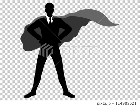 Silhouette of a businessman in a hero pose wearing a suit, tie and cloak Full body front view illustration 114985621