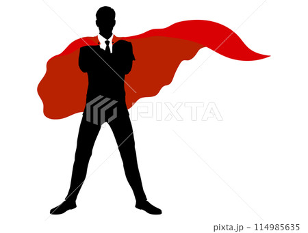 赤いマントを着けて腕組みをするスーツ姿のビジネスマン男性のシルエット 全身正面のイラスト 赤いマントを着けて腕組みをするスーツ姿のビジネスマン男性のシルエット 全身正面のイラスト 114985635