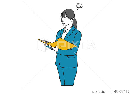 手元のファイルを見て困っている女性のイラスト 114985717