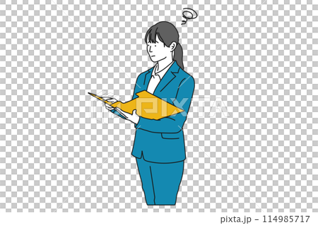 手元のファイルを見て困っている女性のイラスト 114985717