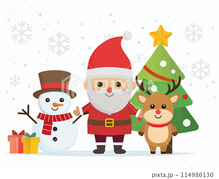 サンタさんトナカイ雪だるまとクリスマスのイラスト素材 [114986130