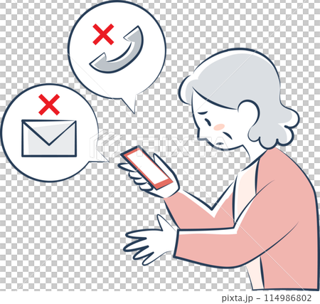 The upper body of a senior woman having trouble using her smartphone The upper body of a senior woman having trouble using her smartphone 114986802