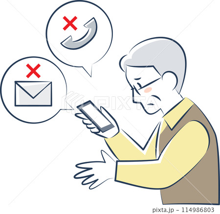 スマホが使えなくて困っているシニア男性の上半身 114986803