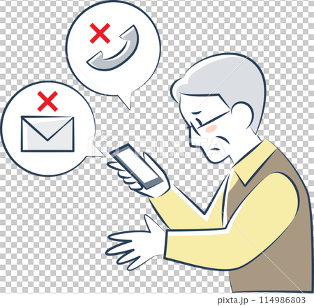 スマホが使えなくて困っているシニア男性の上半身 114986803