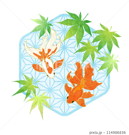金魚、麻の葉模様、紅葉、暑中見舞い、アイコン、イラスト、かわいい、青 114986836