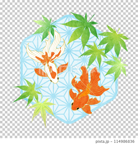 金魚，麻葉圖案，秋葉，夏日問候，圖標，插畫，可愛，藍色 114986836