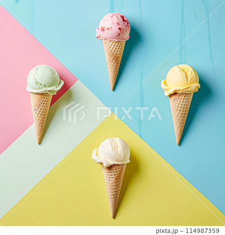 Scoops of ice cream in a waffle cone on a colorful background 114987359