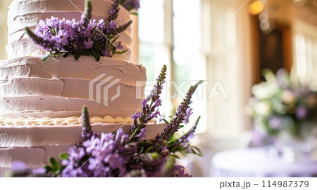 Wedding cake with lavender flowers. Festive table decoration. 114987379