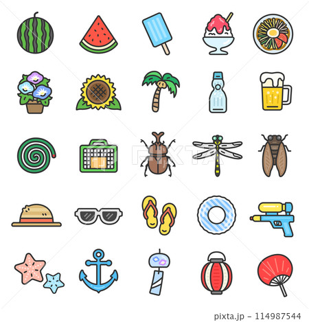 夏のアイコン（線画カラー）のイラストセット 114987544