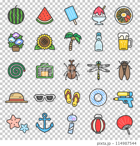 夏のアイコン（線画カラー）のイラストセット 114987544