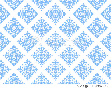 Wallpaper in the style of Baroque. Seamless vector background. White and blue floral ornament. Graphic pattern for fabric, wallpaper, packaging. Ornate Damask flower ornament 114987547