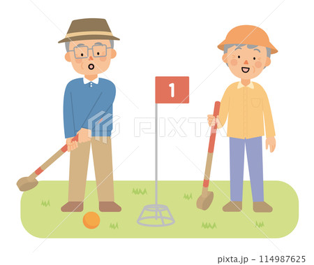 グラウンドゴルフをする男性と女性 114987625