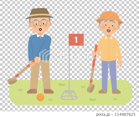 グラウンドゴルフをする男性と女性 114987625