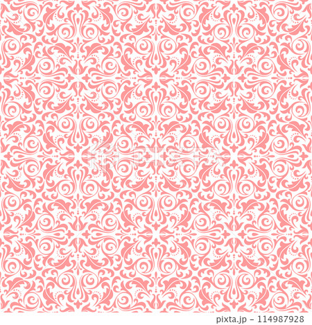 Floral pattern. Vintage wallpaper in the Baroque style. Seamless vector background. White and pink ornament for fabric, wallpaper, packaging. Ornate Damask flower ornament Floral pattern. Vintage wallpaper in the Baroque style. Seamless vector background. White and pink ornament for fabric, wallpaper, packaging. Ornate Damask flower ornament 114987928
