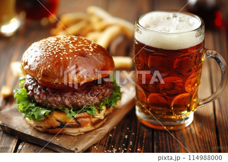 Hamburger and beer on table classic staple food pairing 114988000
