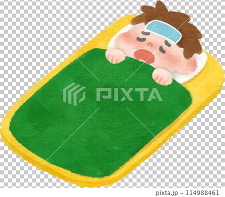 睡在蒲團上的不適男孩手繪插畫素材 114988461