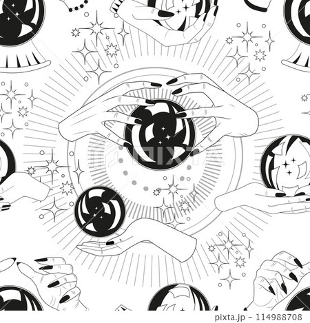 Seamless pattern with hands of fortune teller, magic crystal ball and mystical symbols. Tattoo, poster or altar print design concept; esoteric, wicca and gothic background 114988708