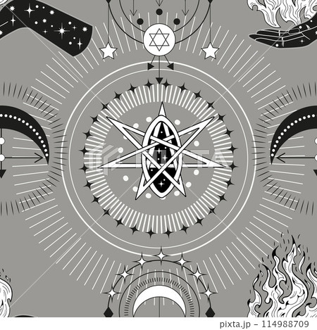 Seamless pattern with hands of fortune teller, pentagram and mystical symbols. Tattoo, poster or altar print design concept; esoteric, wicca and gothic background 114988709