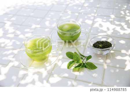 夏の緑茶のイメージ、木陰で楽しむ冷茶 114988785