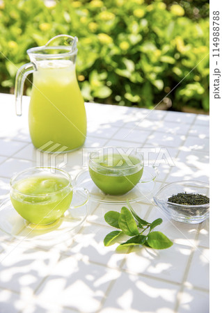 夏の緑茶のイメージ、木陰で楽しむ冷茶 114988788