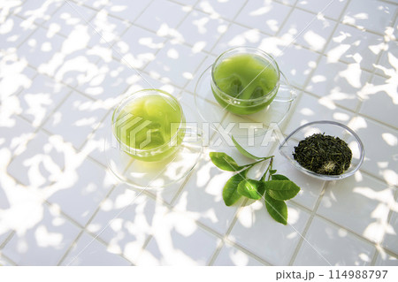 夏の緑茶のイメージ、木陰で楽しむ冷茶 114988797