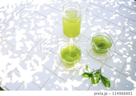 夏の緑茶のイメージ、木陰で楽しむ冷茶 114988801